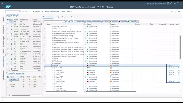 Transformation Cockpit | Viewing the Status, Message State, Start, End and Runtimes for Runs