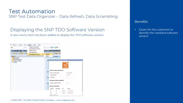 Test Data Organizer | Data Refresh, Data Scrambling – Displaying the SNP TDO Software Version