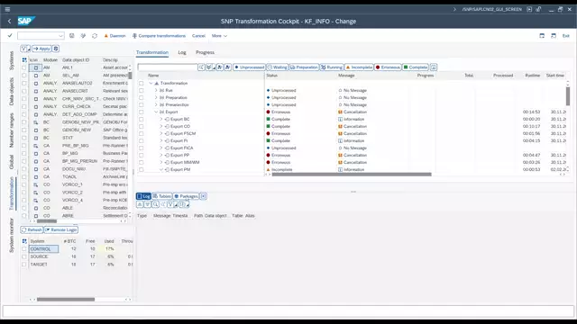 Transformation Cockpit | Table Packages Displayed in Information Area in Transformation Section