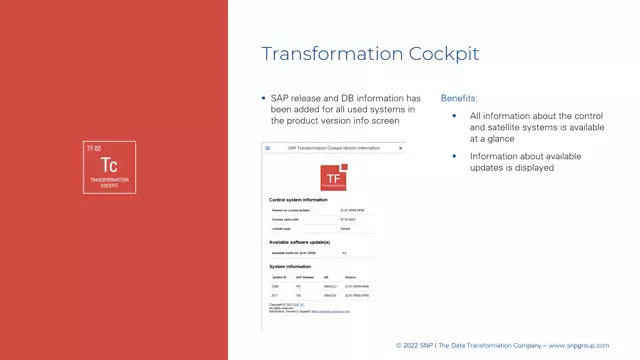 Transformation Cockpit | More Information in Product Version Info Screen