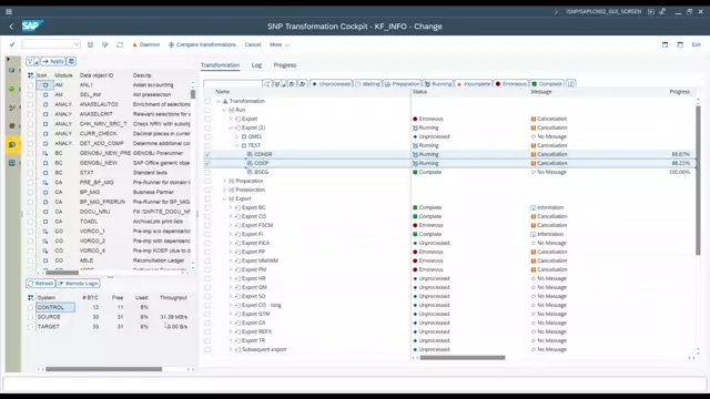 Transformation Cockpit | Showing Throughput in Transformation and Log