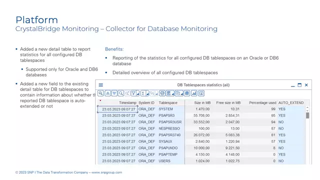 CrystalBridge Monitoring | Collector for Database Monitoring – New Detail Table to Report Statistics for all Configured DB Tablespaces / New Field in the Detail Table for DB Tablespaces...