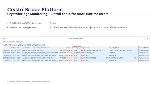 CrystalBridge Monitoring | Detail Table for ABAP Runtime Errors