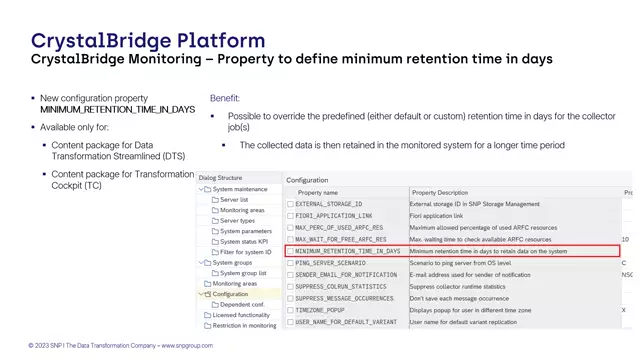 CrystalBridge Monitoring | Property to Define Minimum Retention Time in Days