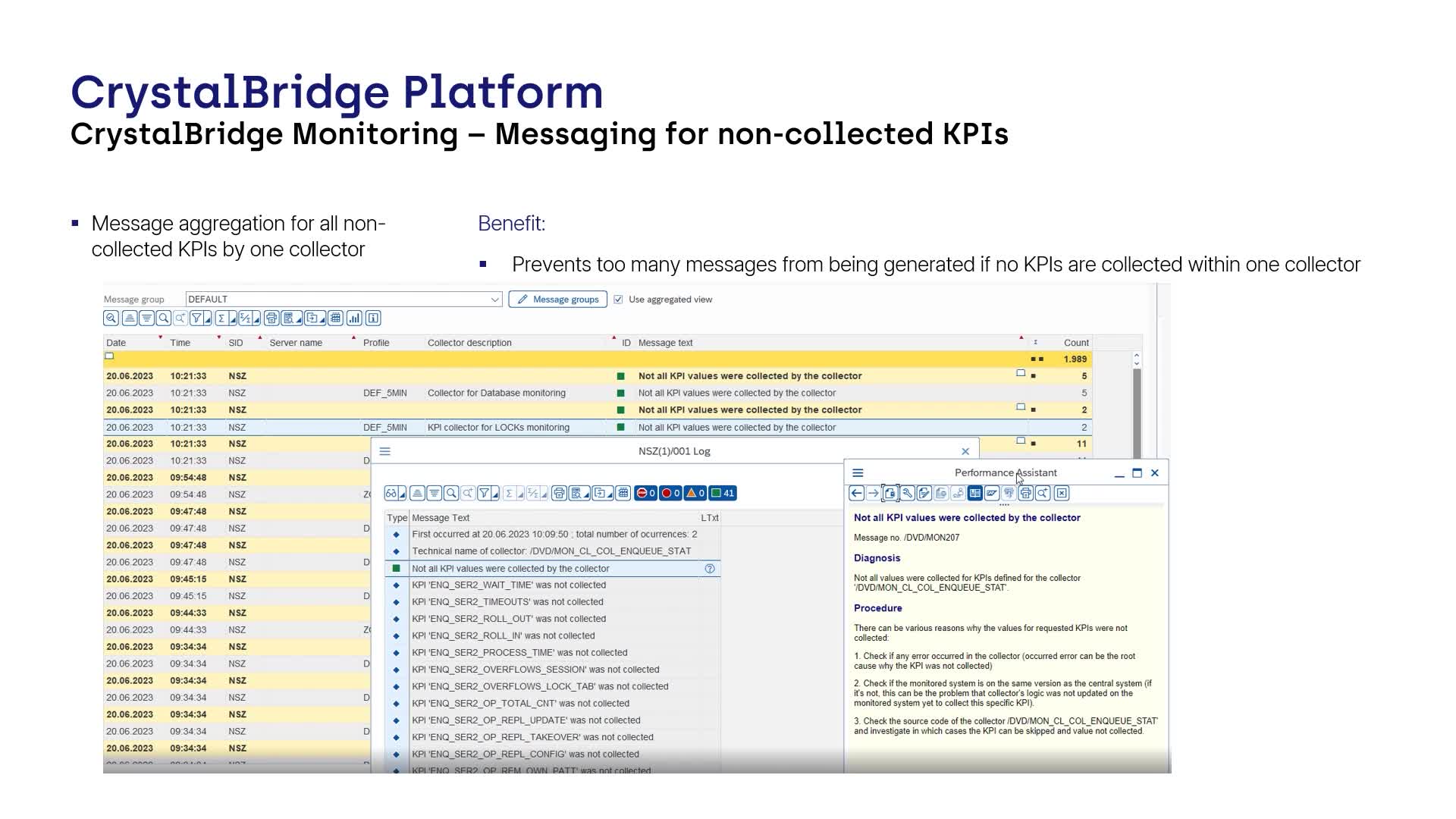 CrystalBridge Monitoring - Message Aggregation for All Non-collected KPIs  by One Collector · SNP