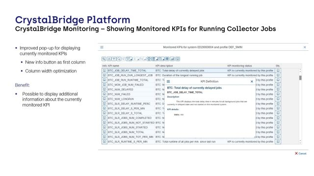 CrystalBridge Monitoring | Showing Monitored KPIs for Running Collector Job
